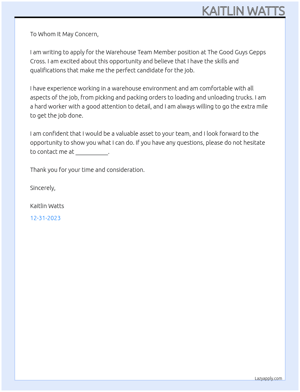 Warehouse Team Member At The Good Guys Gepps Cross Cover Letter