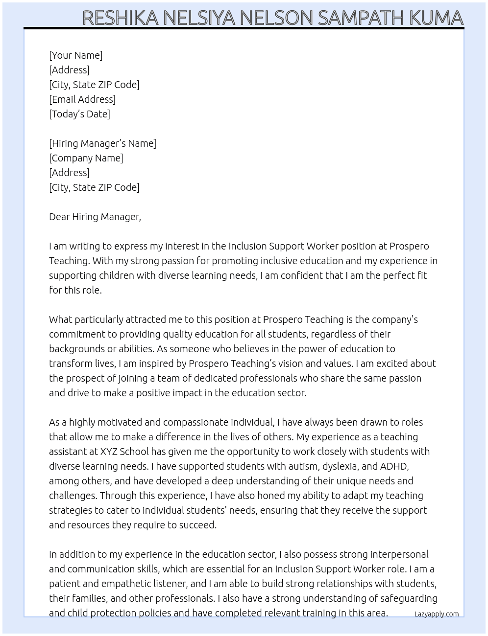 Inclusion Support Worker At Prospero Teaching Cover Letter