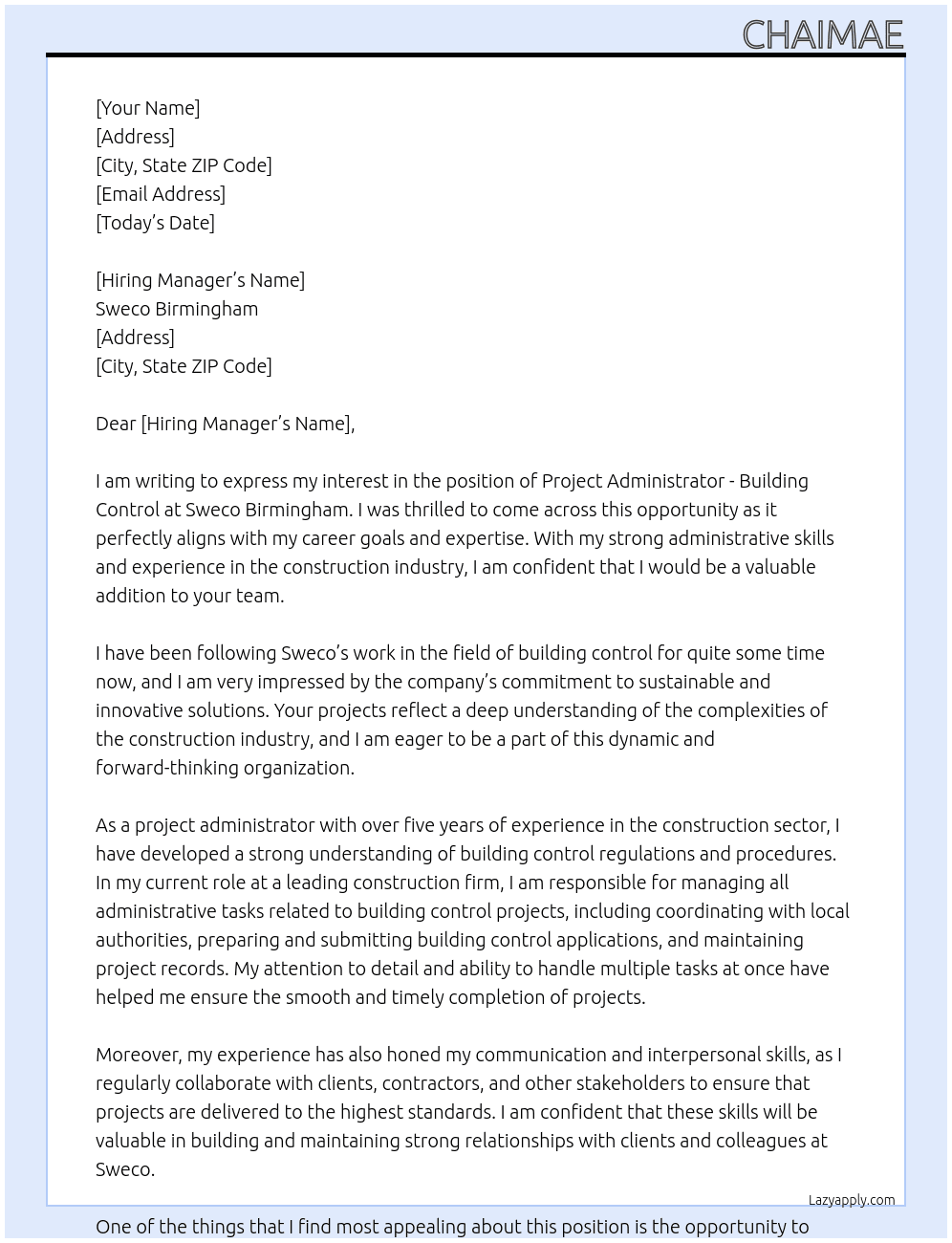 Project Administrator - Building Control At Sweco Birmingham, England, United Kingdom  Cover Letter