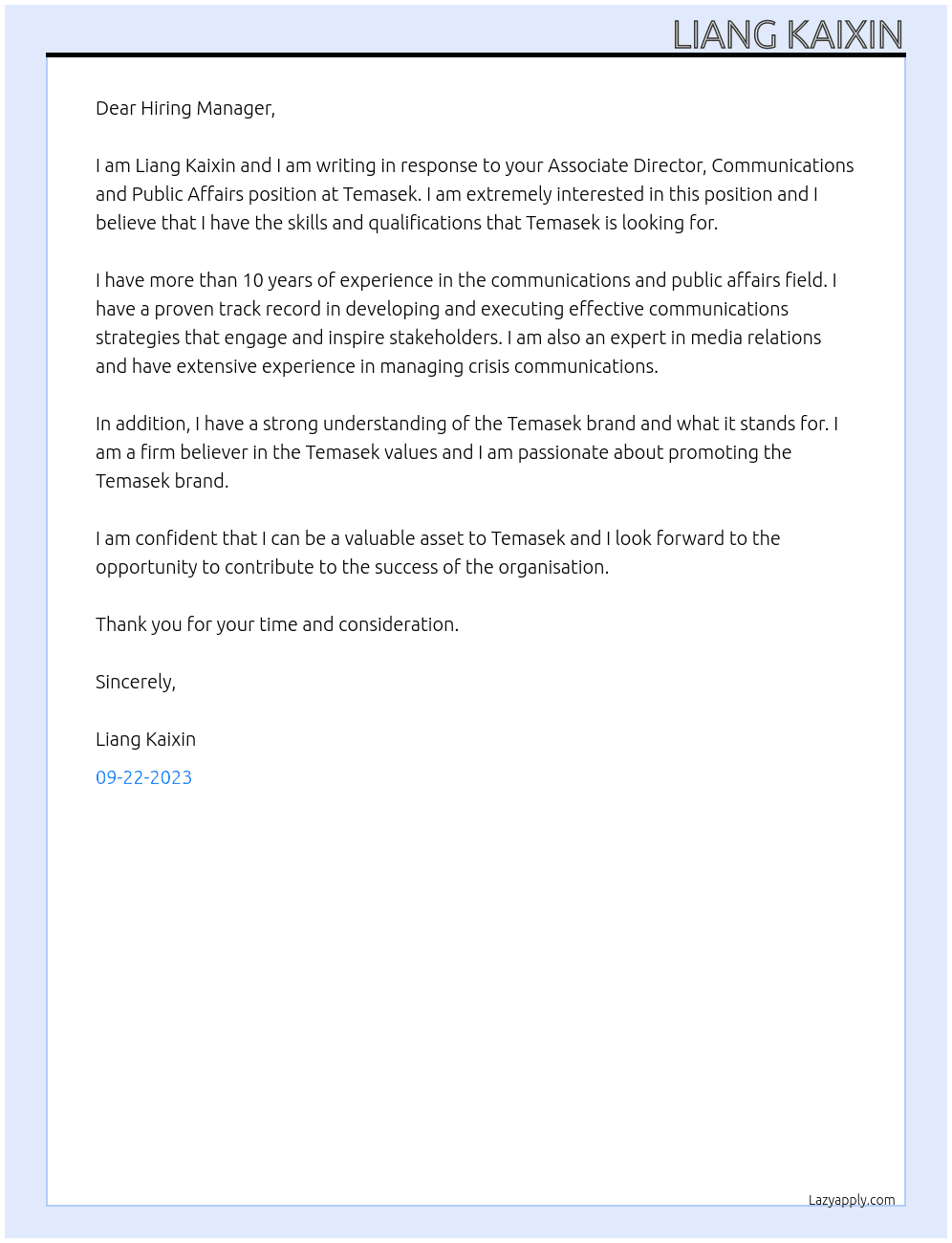 Associate Director, Communications and Public Affairs At Temasek  Cover Letter