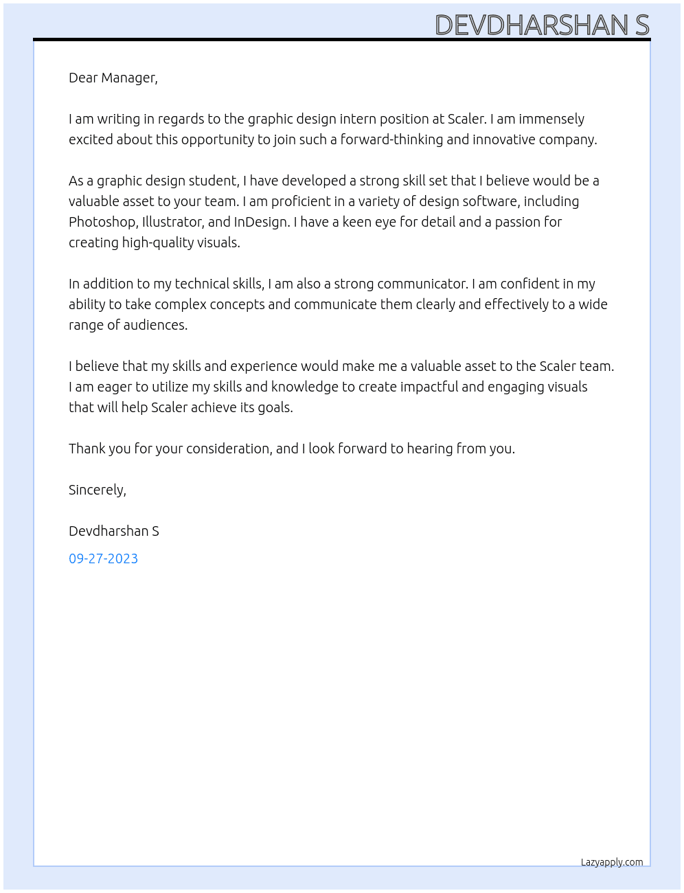 Graphic design intern At Scaler Cover Letter