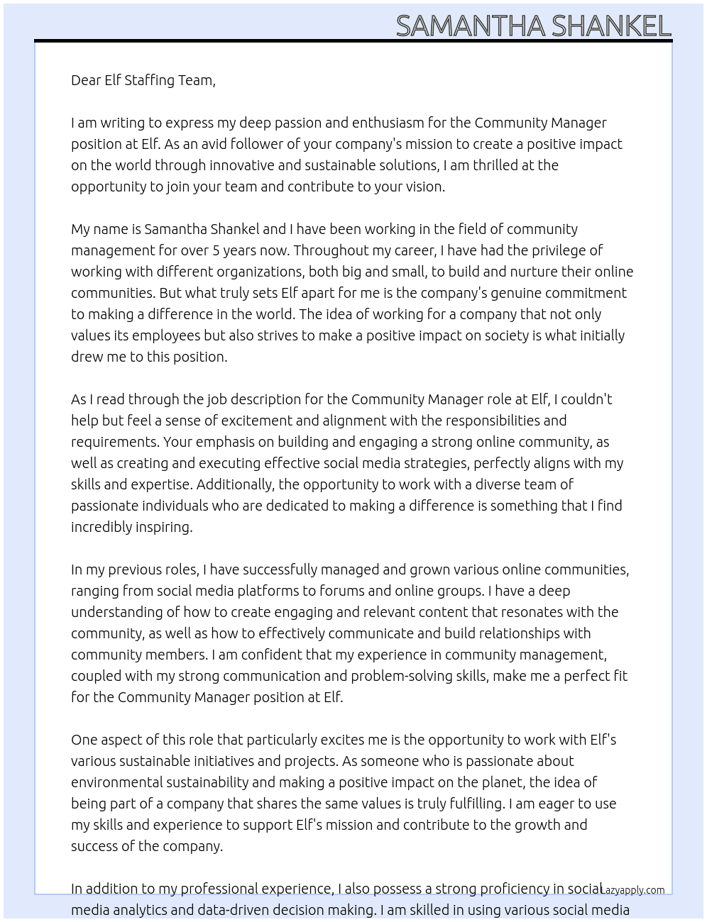 community manager At Elf Cover Letter