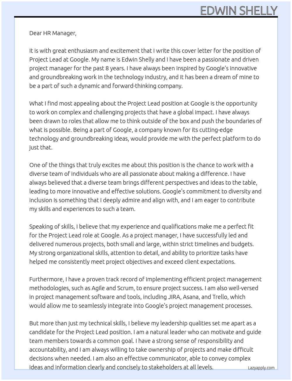 Project Lead At Google Cover Letter