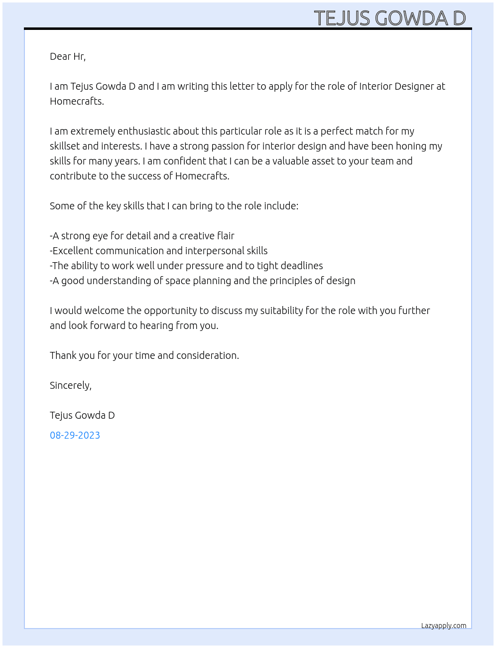 Interior Designer  At Homecrafts Cover Letter