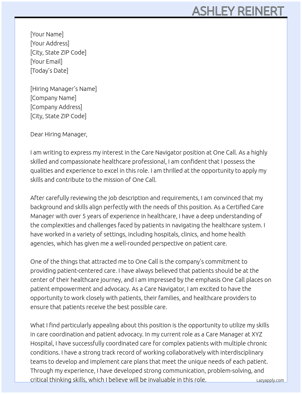 Care Navigator At One Call Cover Letter