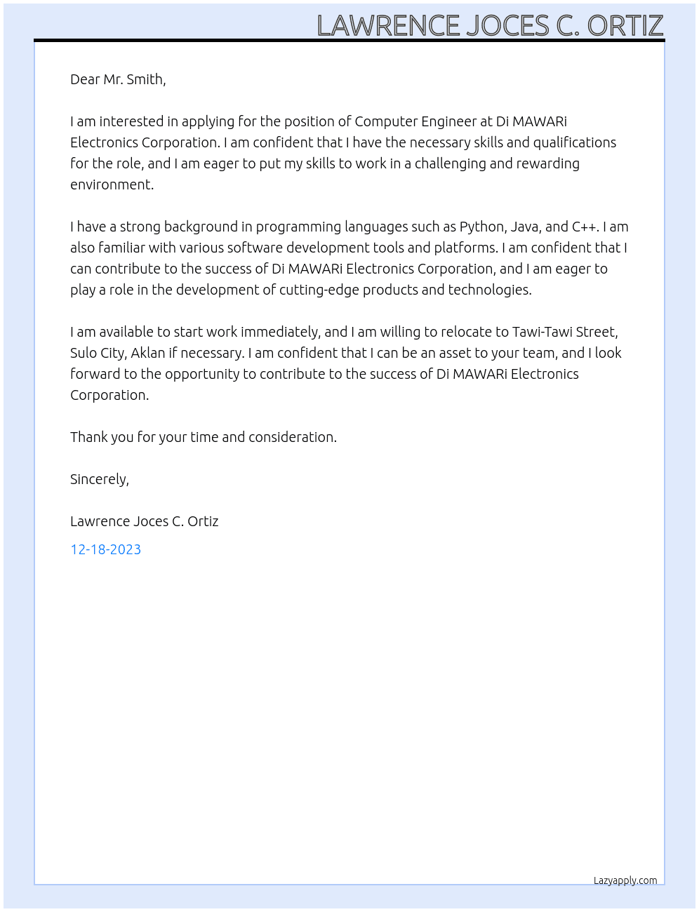 Computer Engineer At Di MAWARi Electronics Corporation Cover Letter