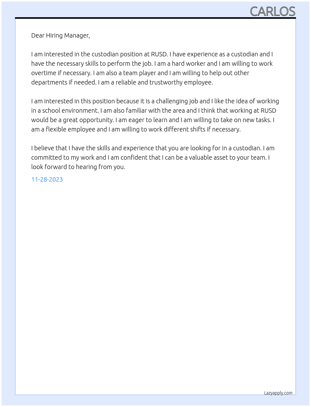 custodian At RUSD Cover Letter