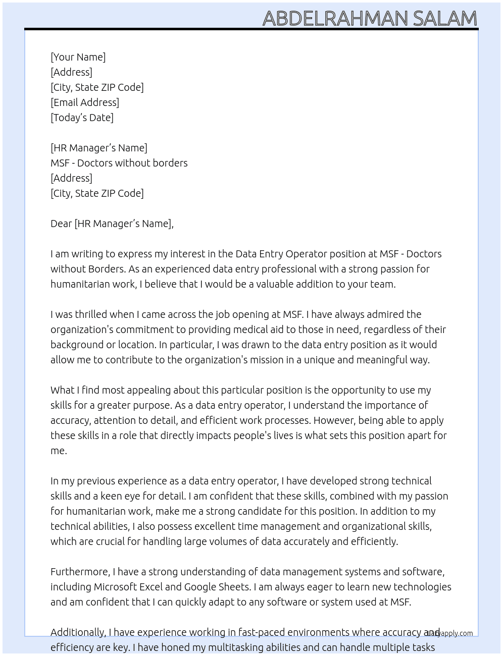 Data entry operator At MSF - Doctors without borders Cover Letter