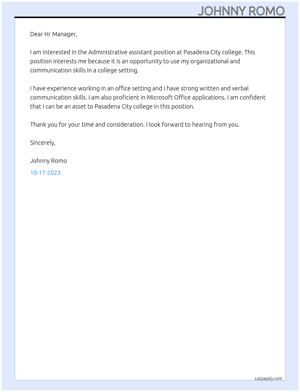 Administrative assistant At Pasadena City college Cover Letter