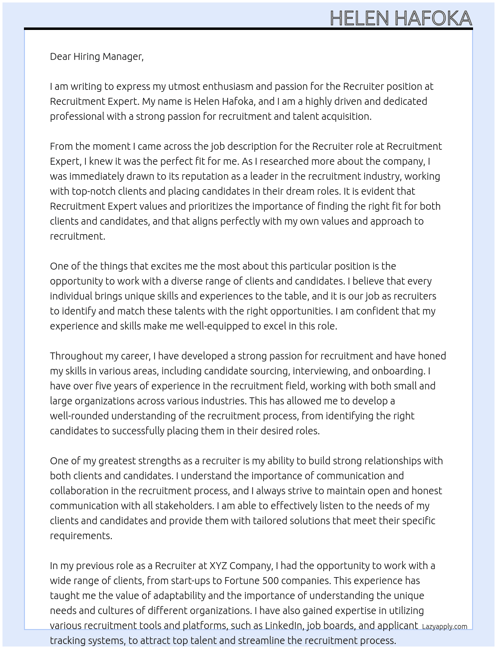 Recruiter At Recruitment Expert Cover Letter