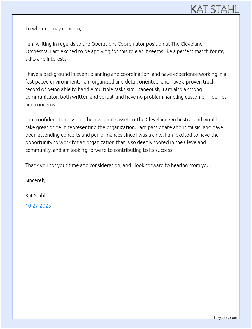 Operations Coordinator  At The Cleveland Orchestra Cover Letter