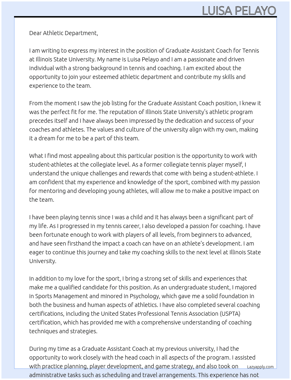 Graduate Assistant Coach Tennis At Illinois State University Cover Letter