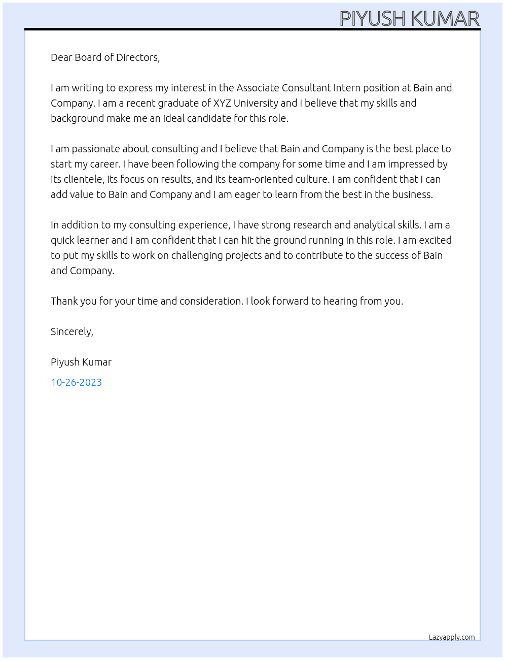 associate consultant intern At bain and company Cover Letter