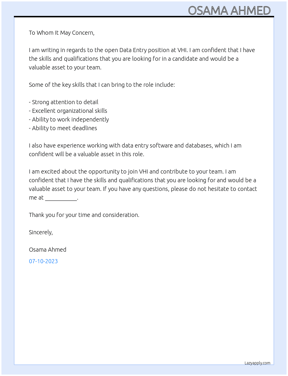Data Entry  At VHI  Cover Letter