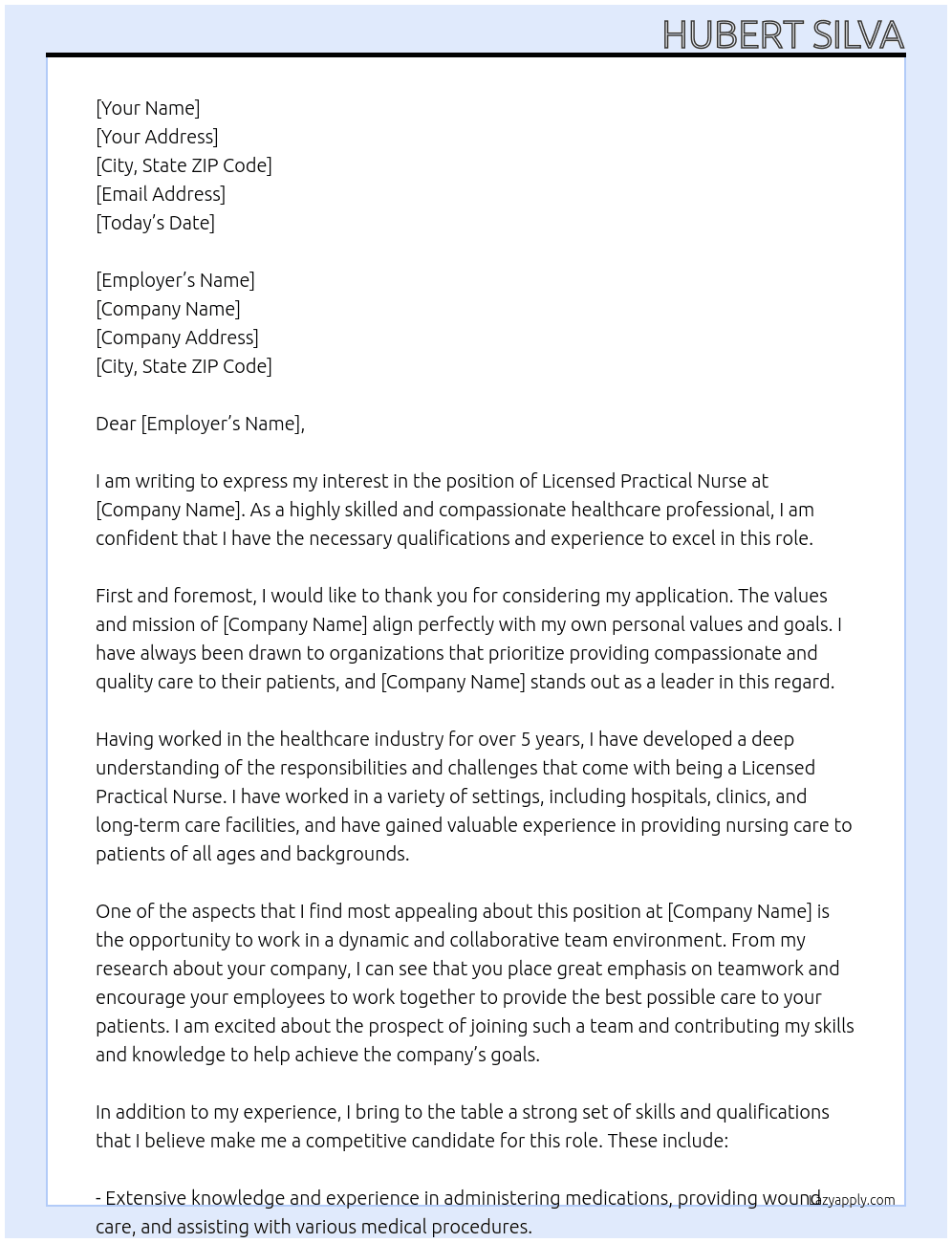 Licensed Practical Nurse At [insert here] Cover Letter