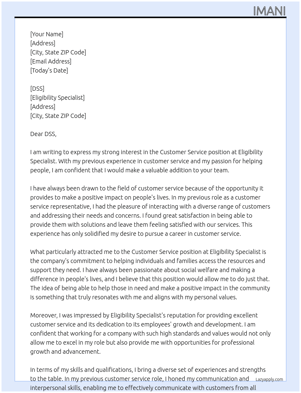 customer service At eligibility specialist Cover Letter