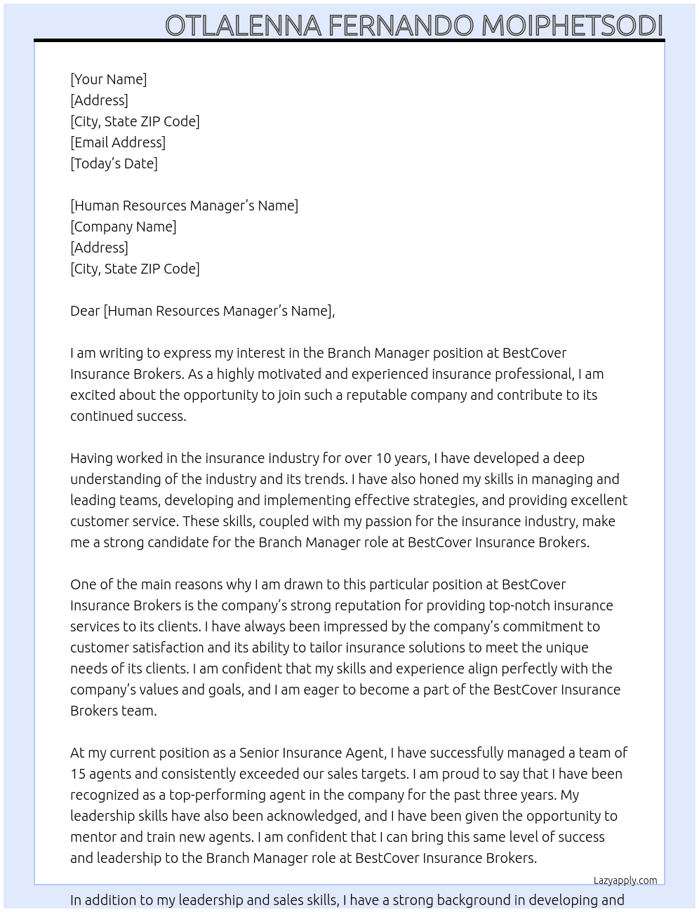 branch manager At BestCover Insurance Brokers Cover Letter