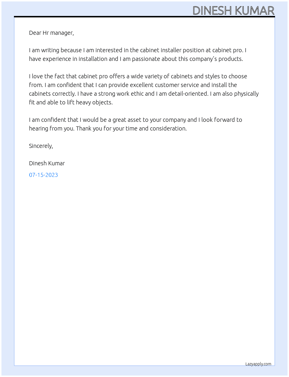 cabinet installers At cabinet pro Cover Letter
