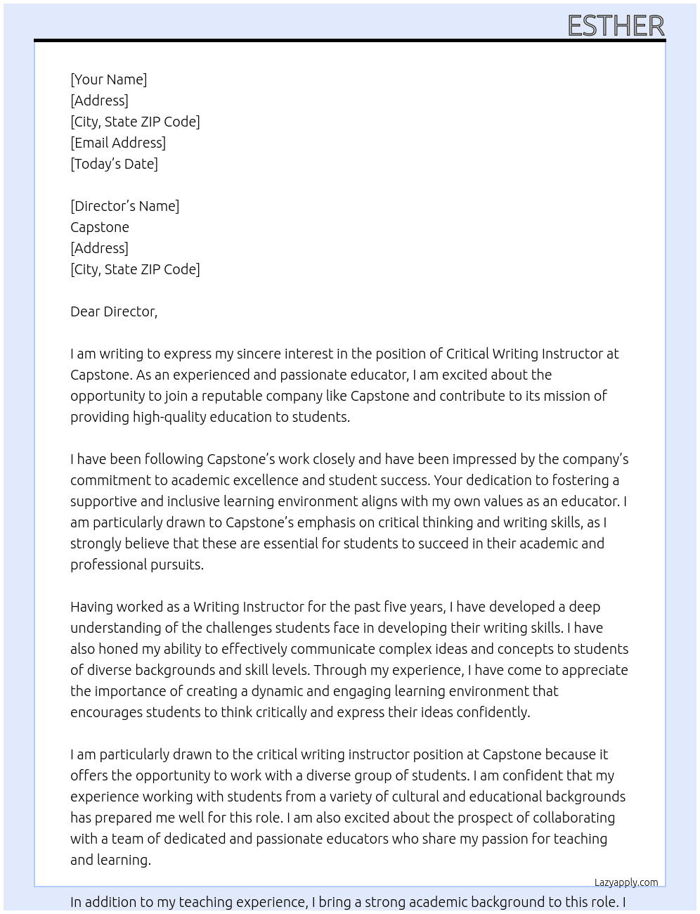 Critical Writing Instructor At Capstone Cover Letter