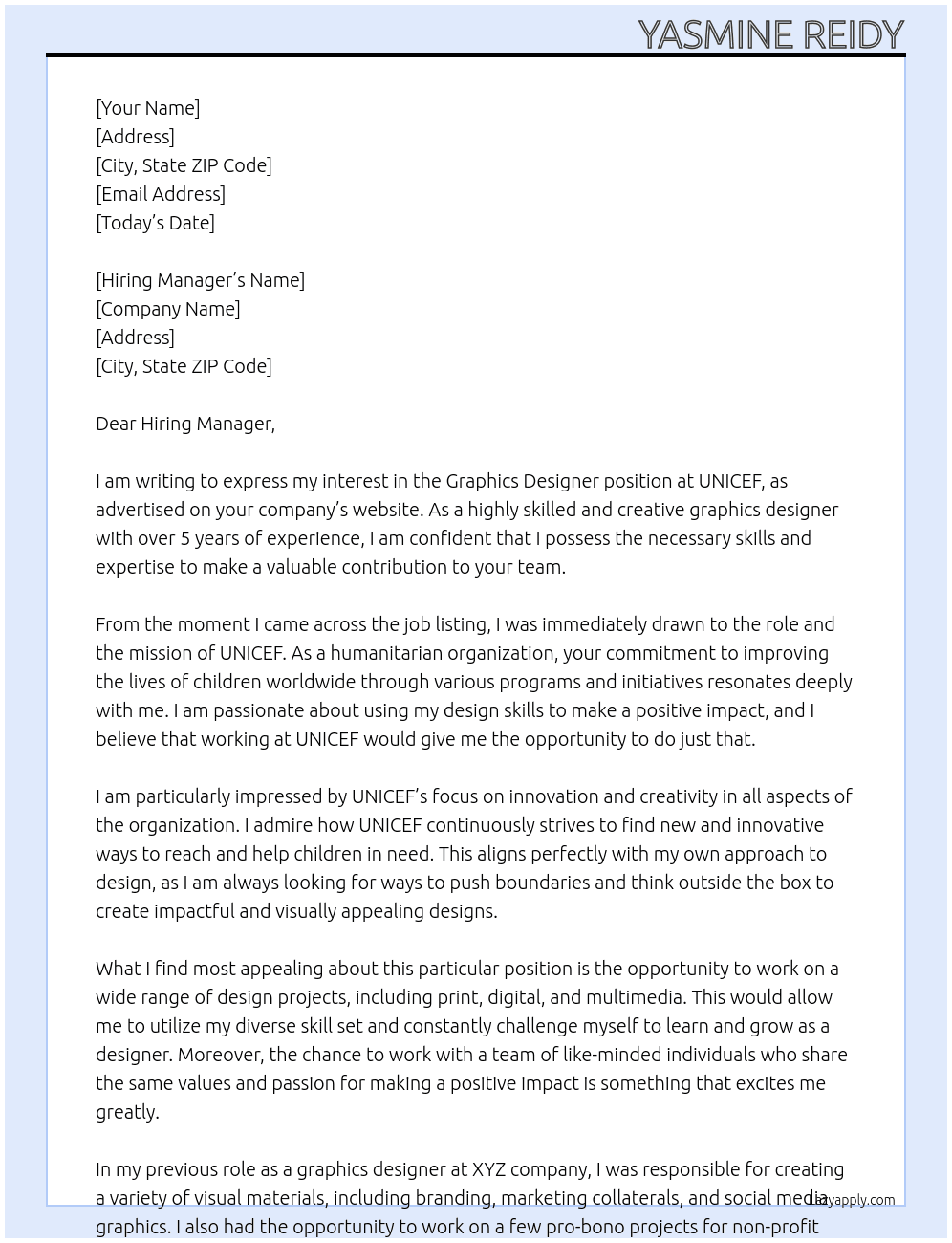 Graphics designer At UNICEF Cover Letter