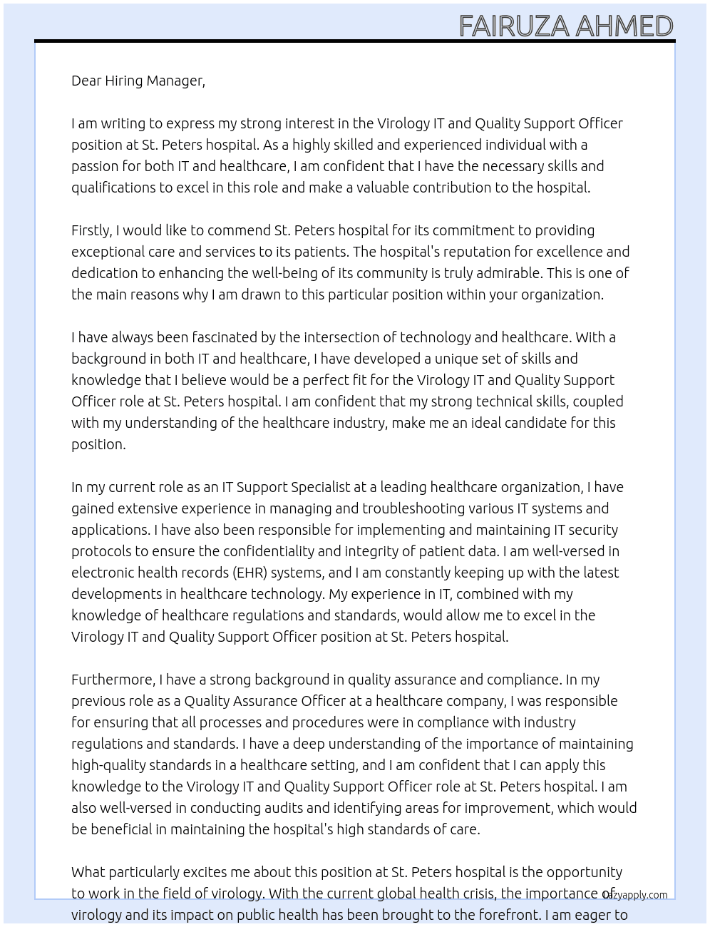 Cover letter for virology it and quality support officer - LazyApply