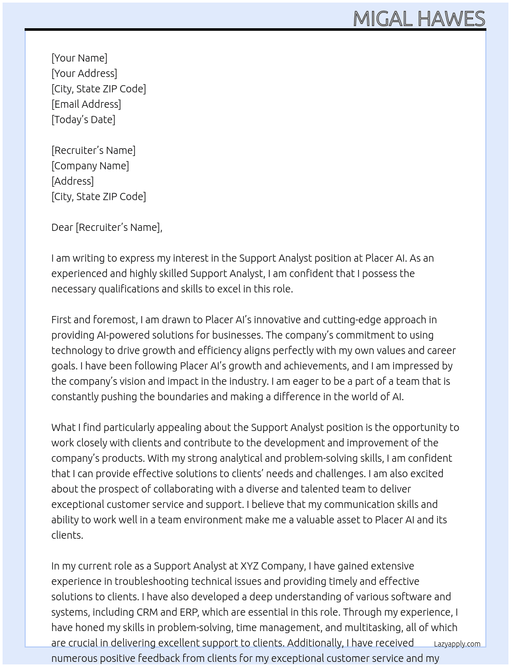 Support Analyst At Placer AI Cover Letter