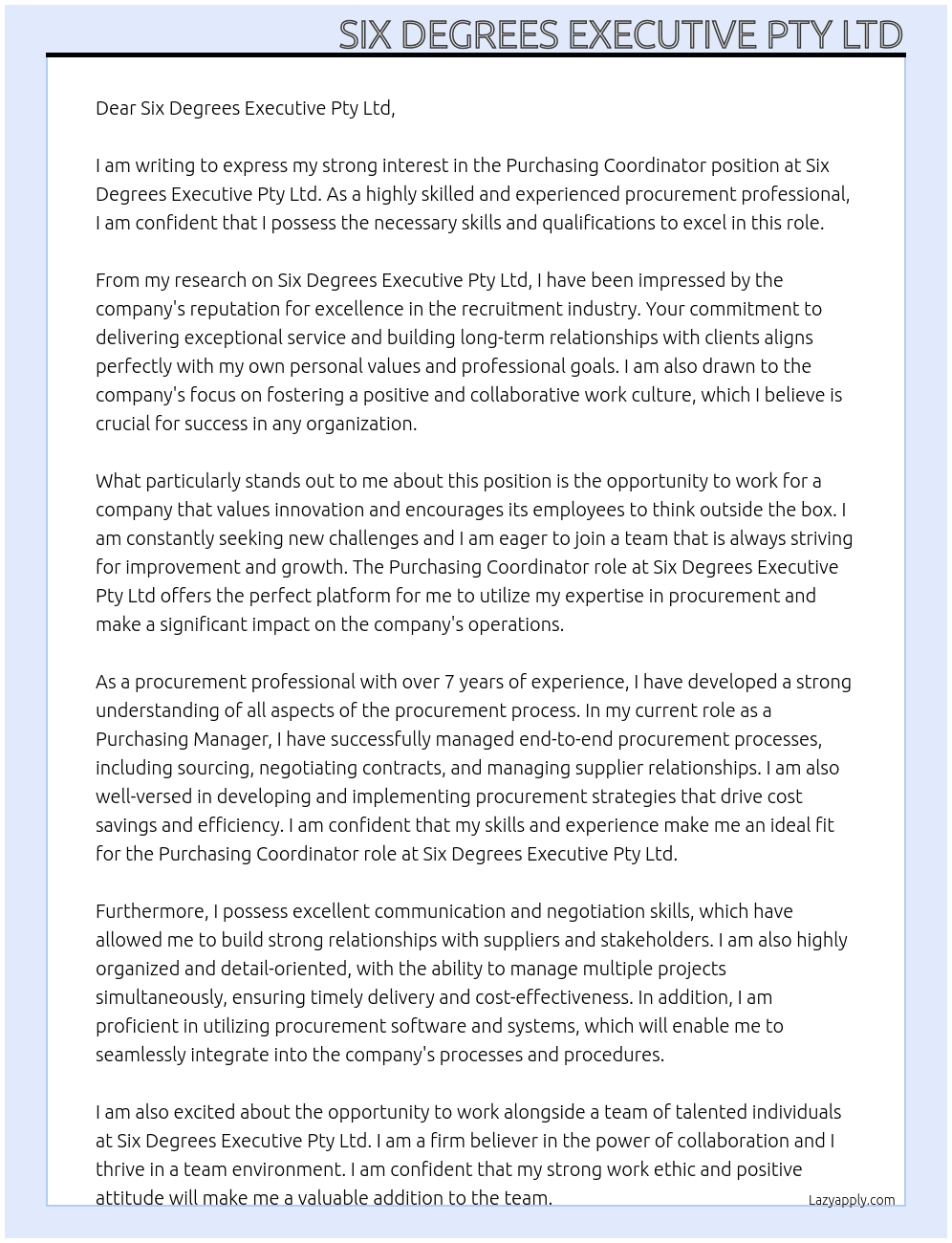 Purchasing Coordinator At Six Degrees Executive Pty Ltd Cover Letter