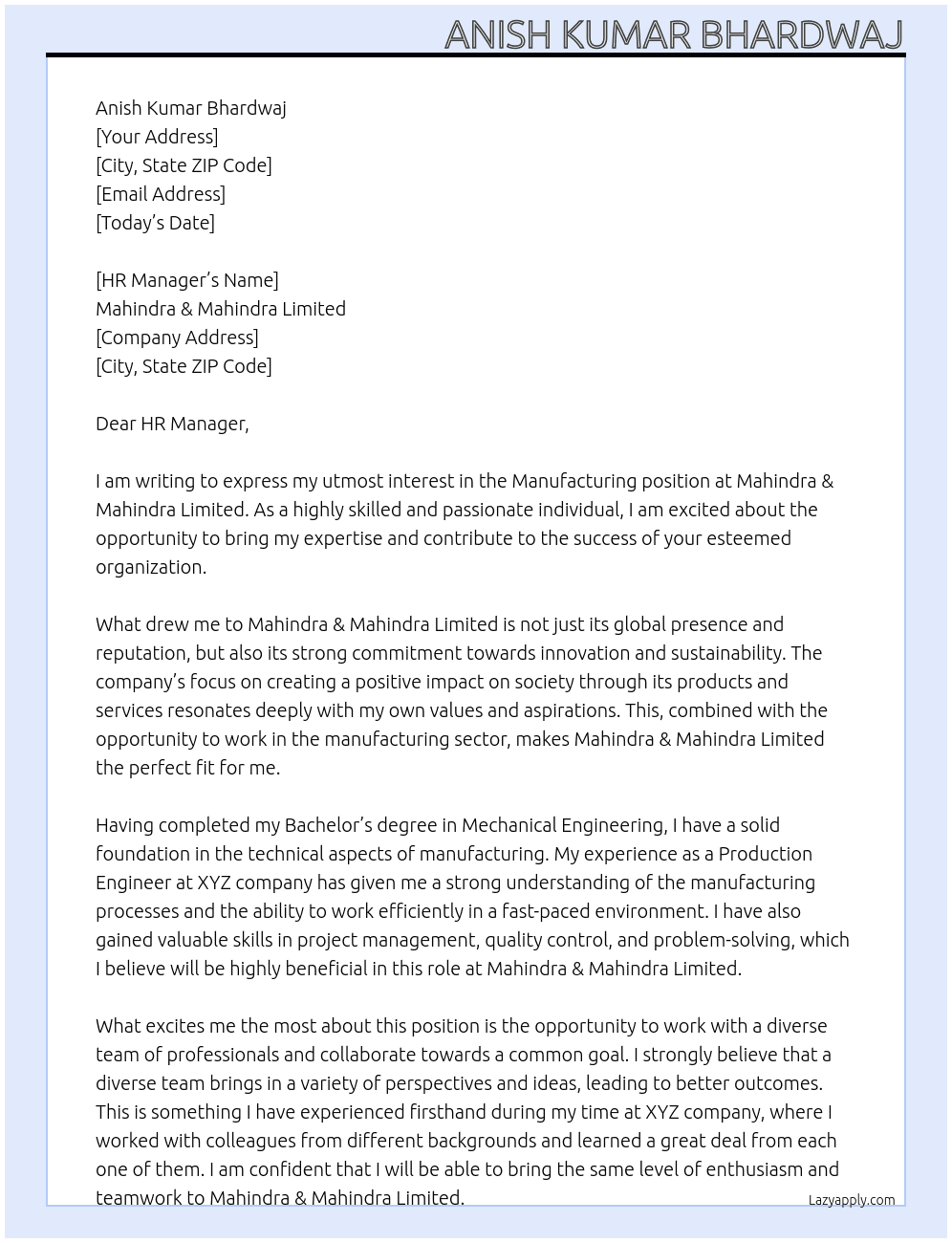 Manufacturing  At Mahindra & mahindra limited Cover Letter