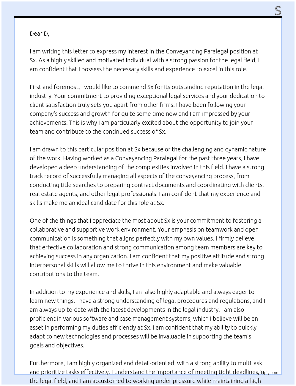 Conveyancing paralegal At Sx Cover Letter