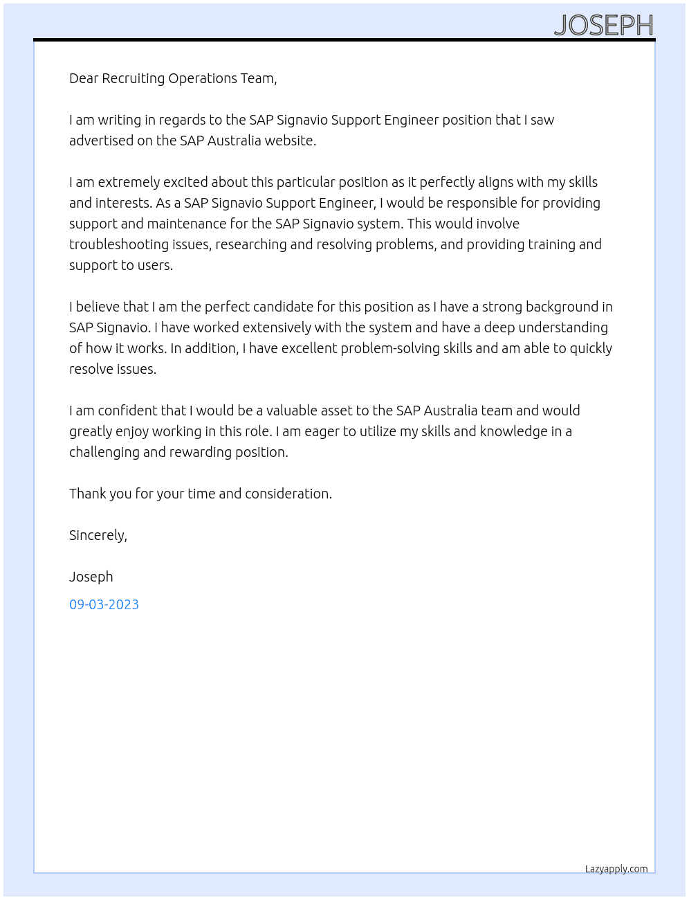 SAP Signavio Support Engineer At SAP Australia Cover Letter