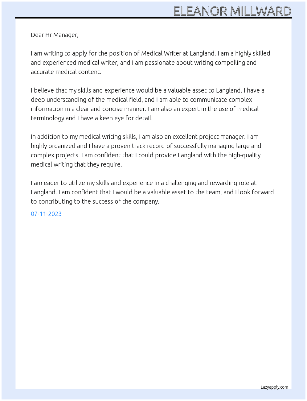 Medical Writer At Langland Cover Letter