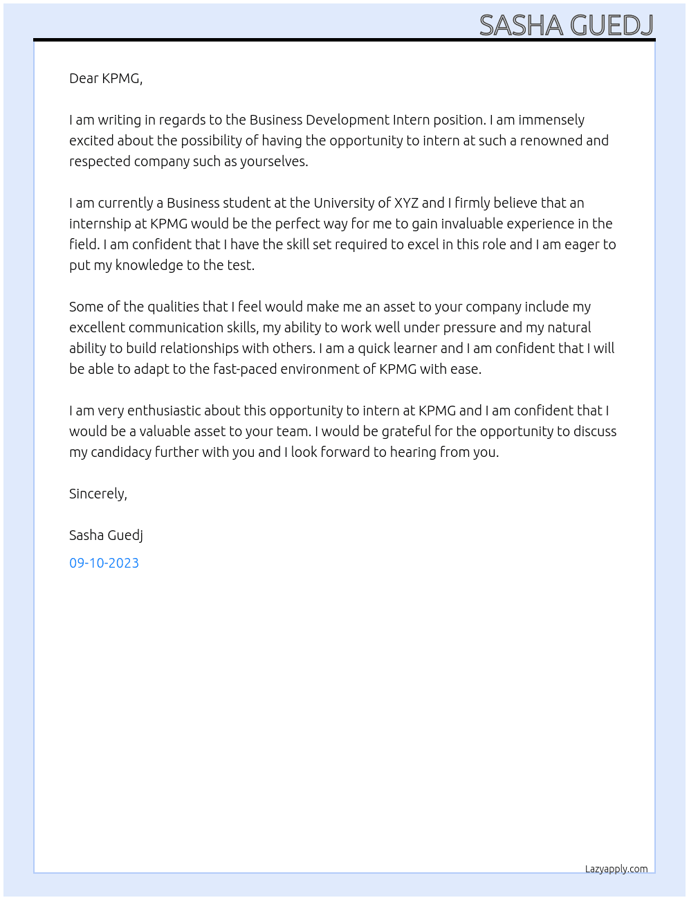 Intern, Business Development At KPMG Cover Letter