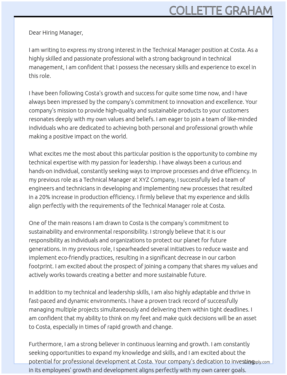 Technical Manager At Costa  Cover Letter