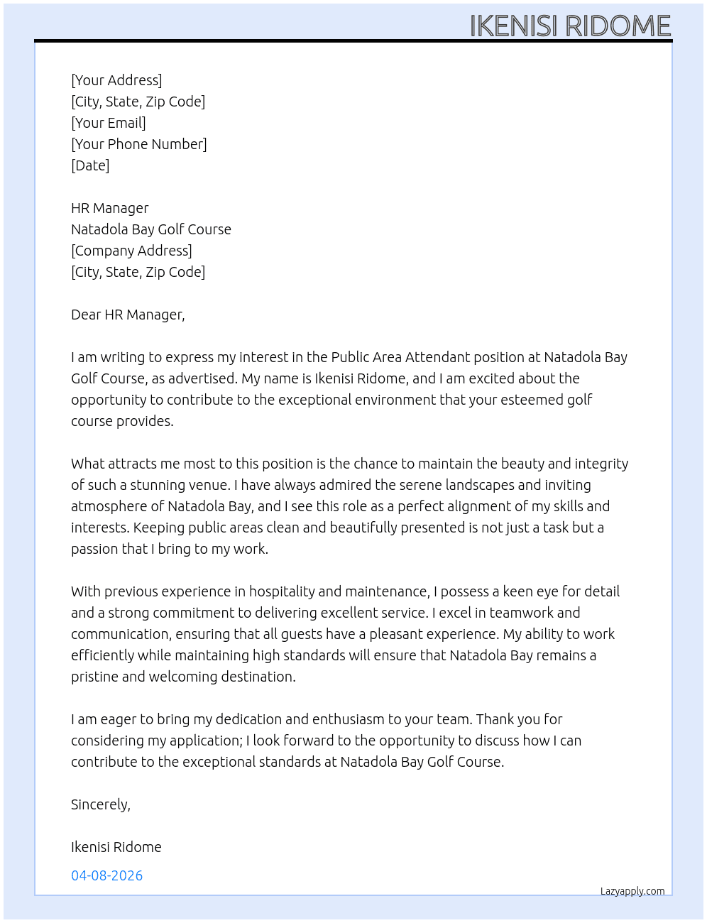 Public Area Attandant At Natadola Bay Golf Course Cover Letter