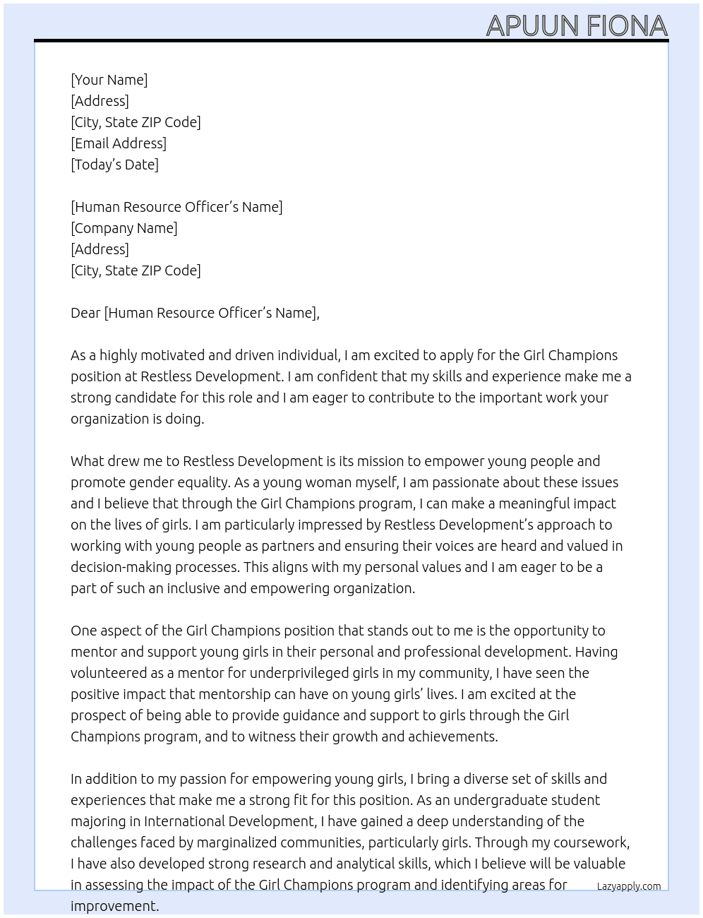 Girl Champions At RESTLES DEVELOPMENT Cover Letter