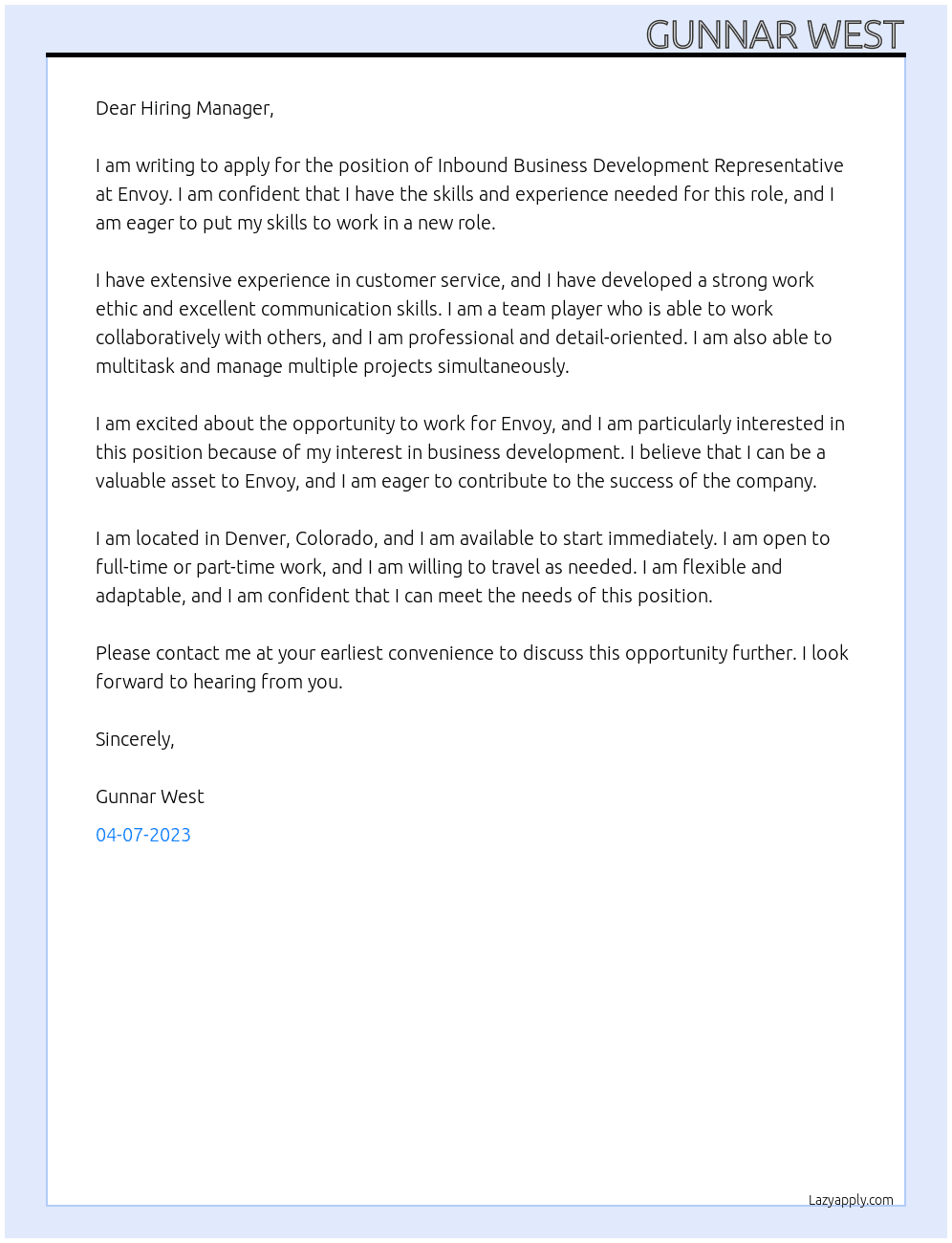 Inbound Business Development Representative At Envoy Cover Letter