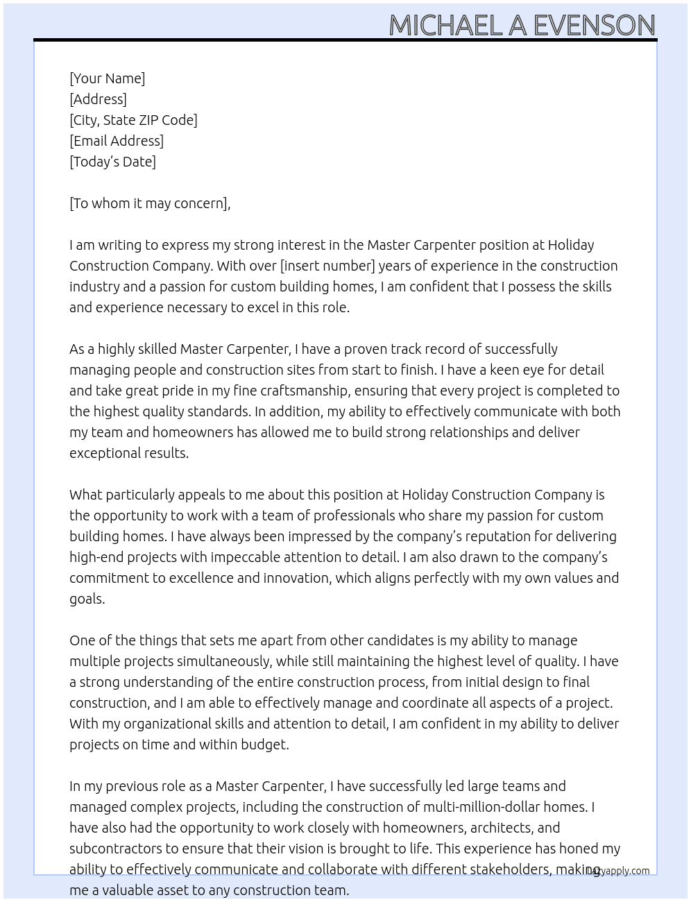 Master Carpenter At Holiday Constructin Company Cover Letter