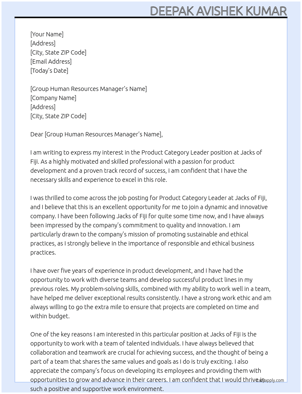 Product Category Leader At Jacks of Fiji Cover Letter