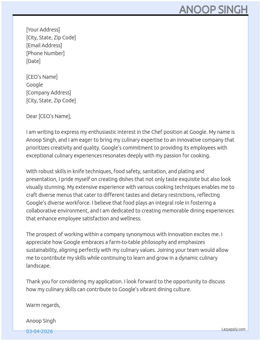 Chef  At Google  Cover Letter