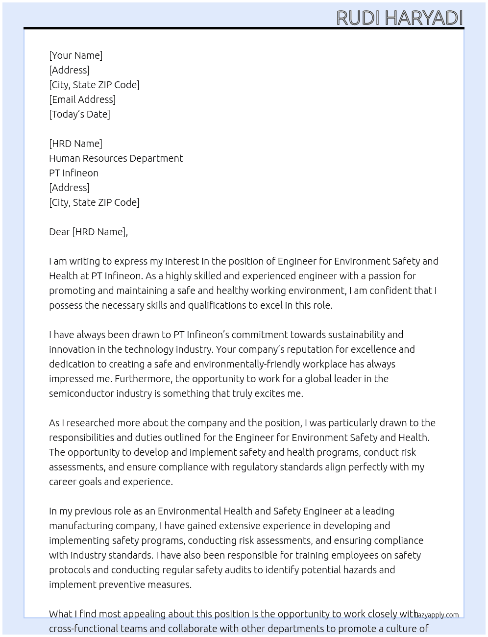 Engineer environment safety and health At PT Infineon Cover Letter