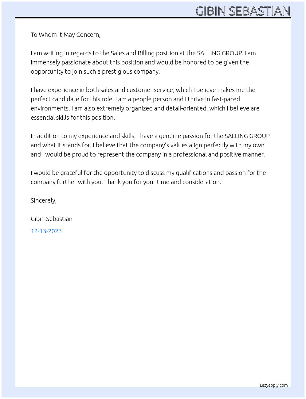 Sales and Billing At SALLING GROUP Cover Letter