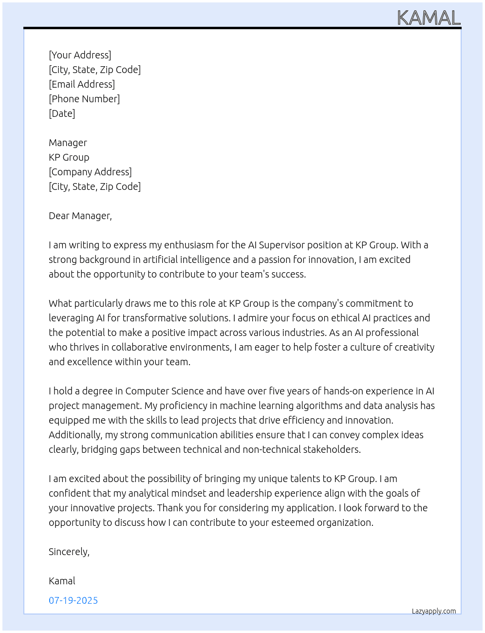 ai supervisor At KP group Cover Letter