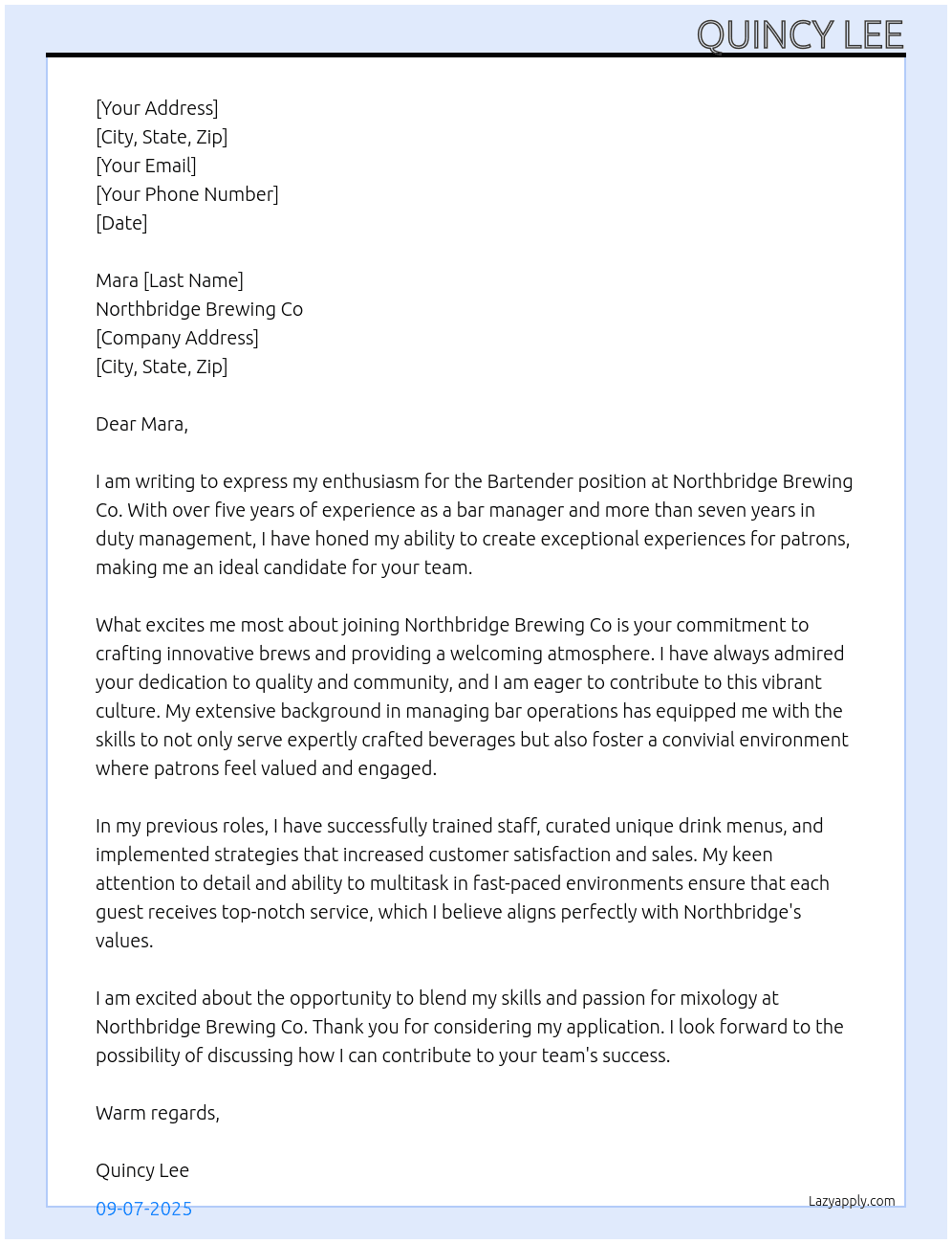 Bartender At Northbridge Brewing Co Cover Letter