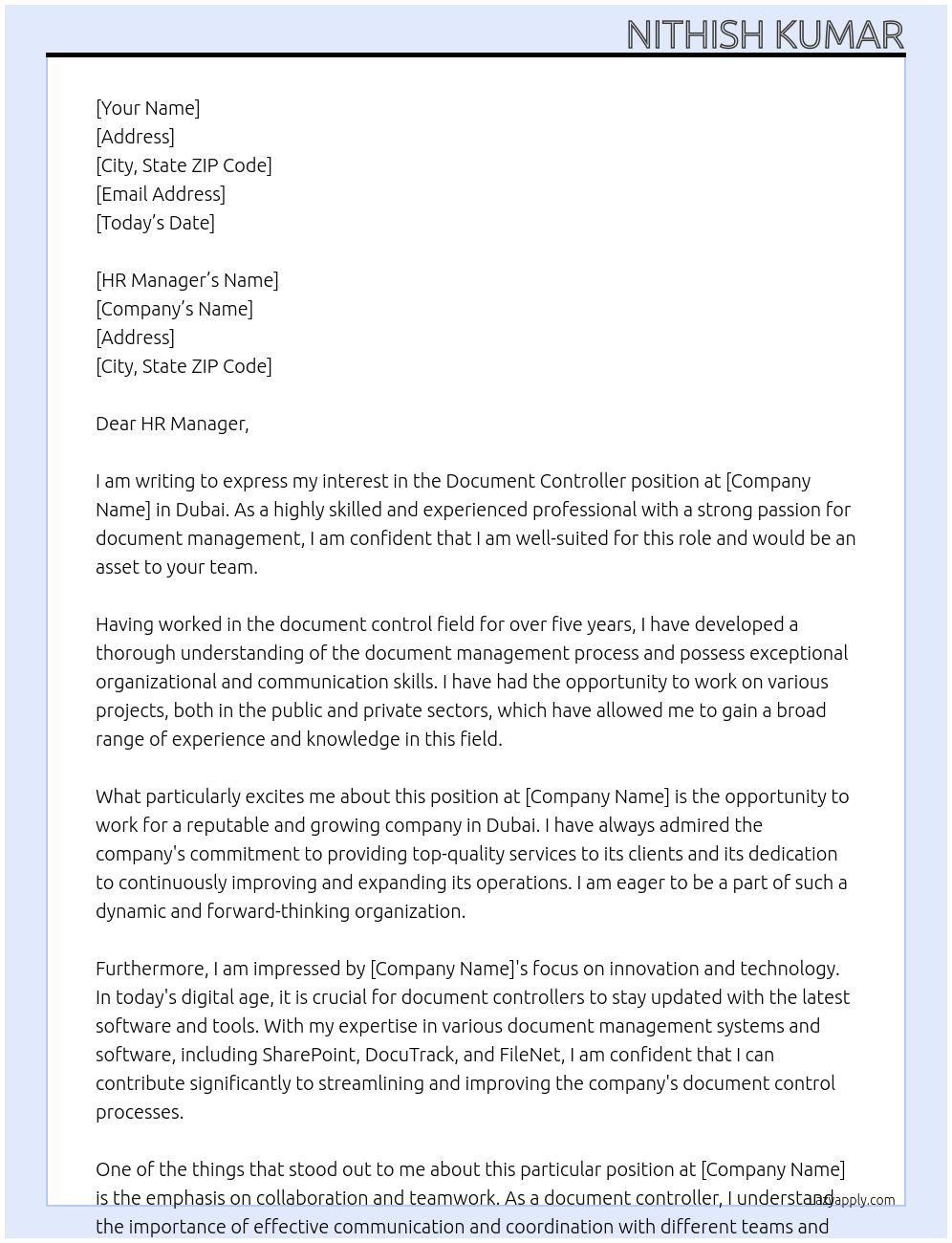Document Controller At Dubai Cover Letter