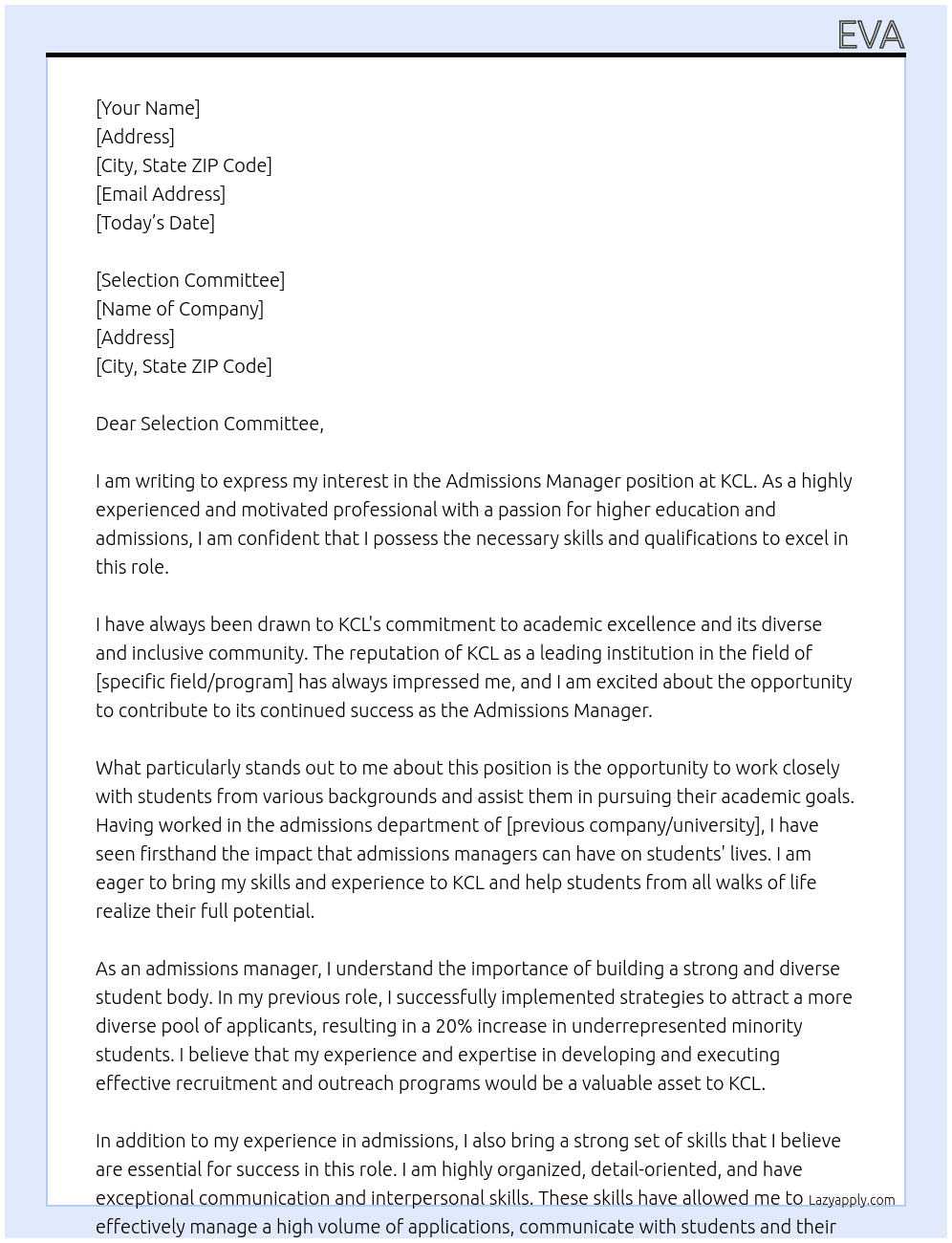 Admissions Manager At KCL Cover Letter