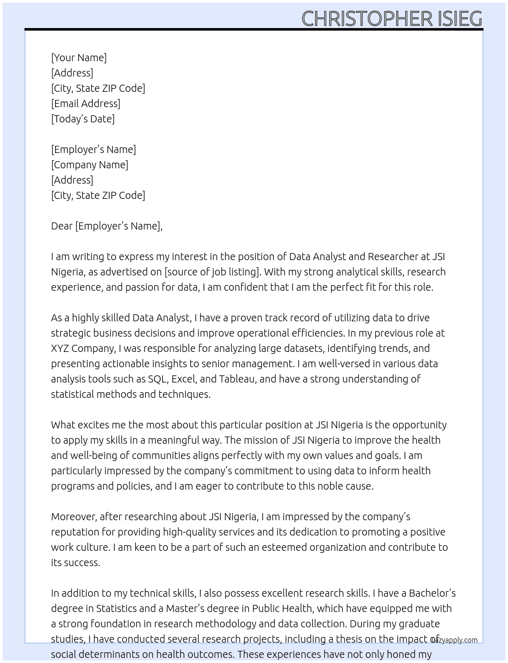Data analyst and researcher  At JSI Nigeria Cover Letter