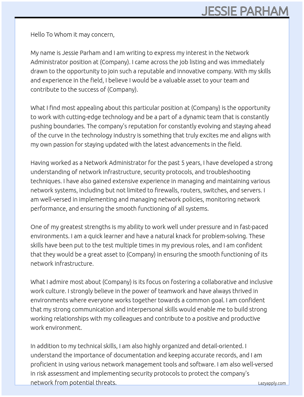 Network Administrator At (Conpany) Cover Letter
