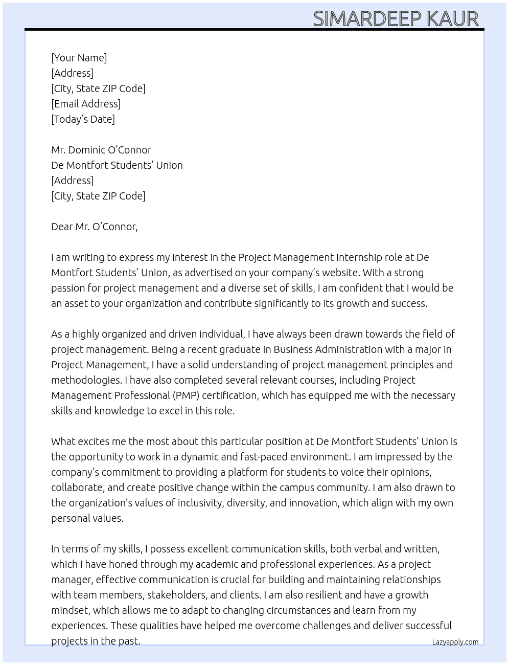Cover letter for project mangement - LazyApply