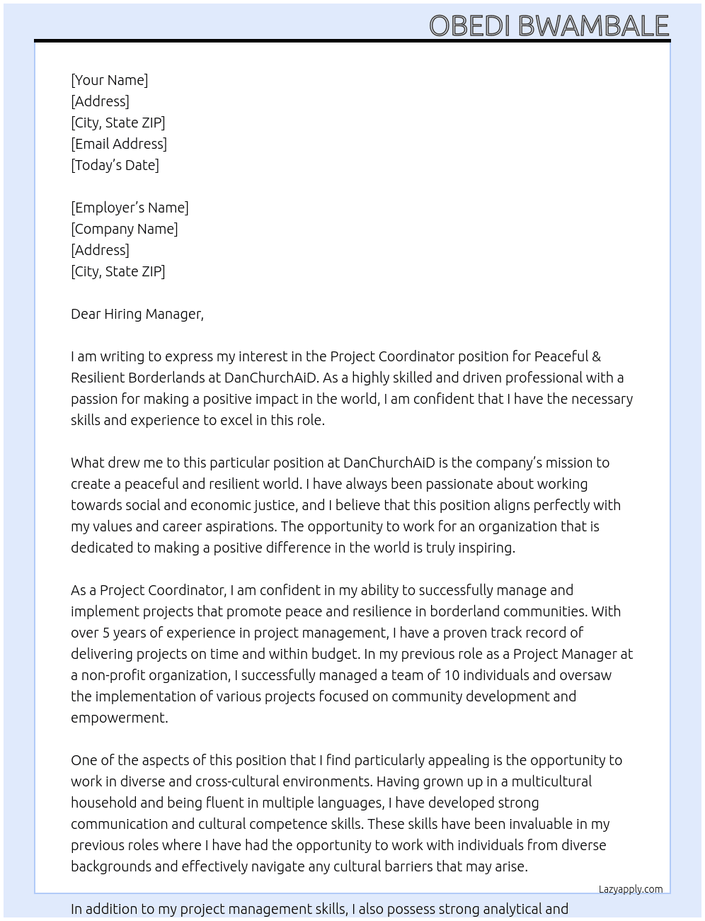 "Project Coordinator – Peaceful & Resilient Borderlands" At DanChurchAiD Cover Letter