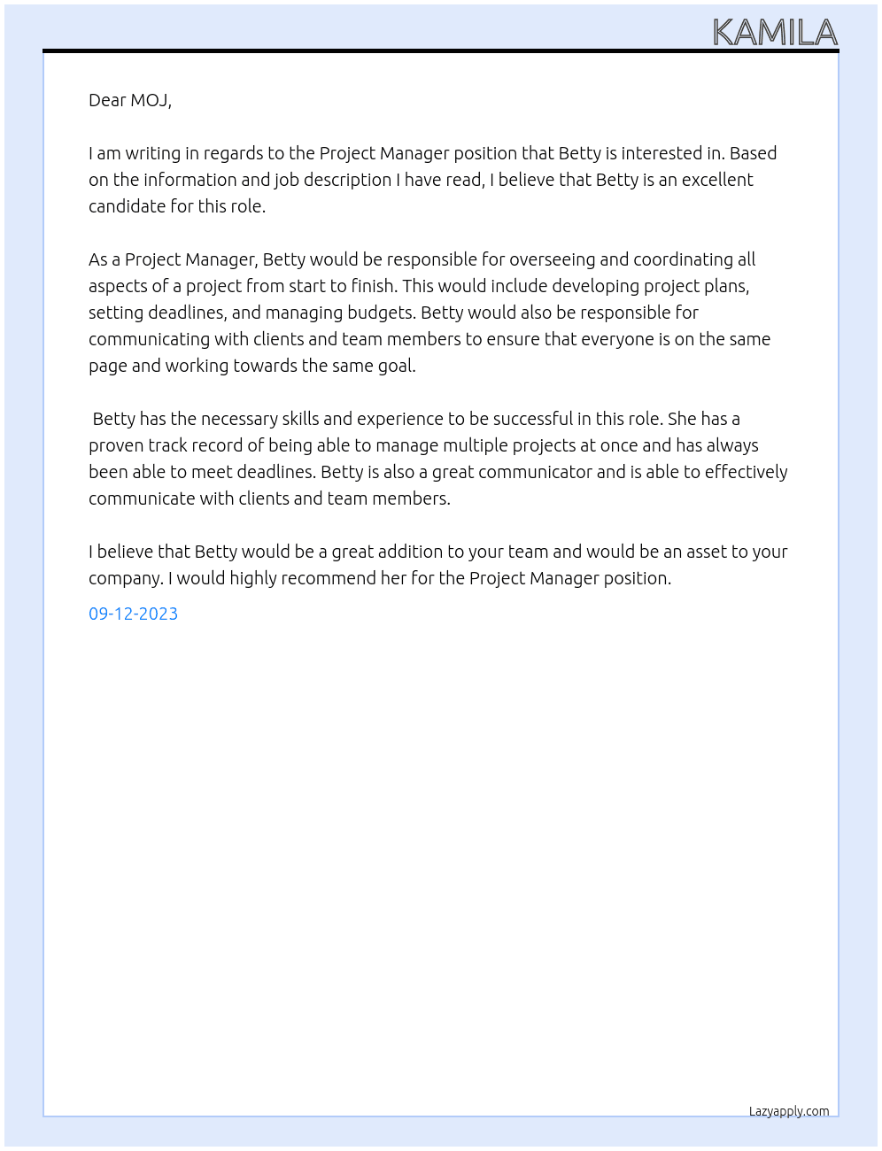Project Manager At MOJ Cover Letter